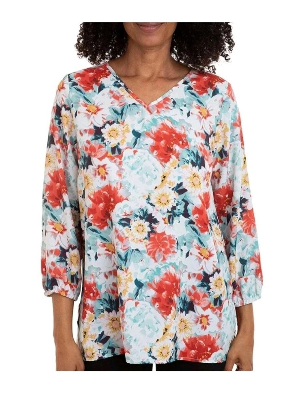 NWT Mario Serrani Women’s L Floral V-Neck Top Multicolor Blouse